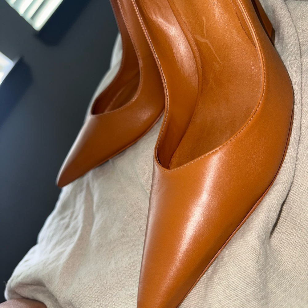 SCHUTZ Tan Leather Pointed-Toe Heels back ordered!